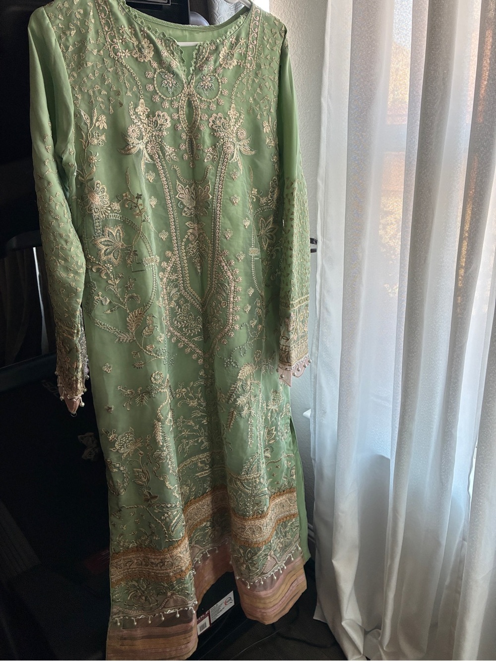 Embroidered Green Women's Dress with Gold Accents